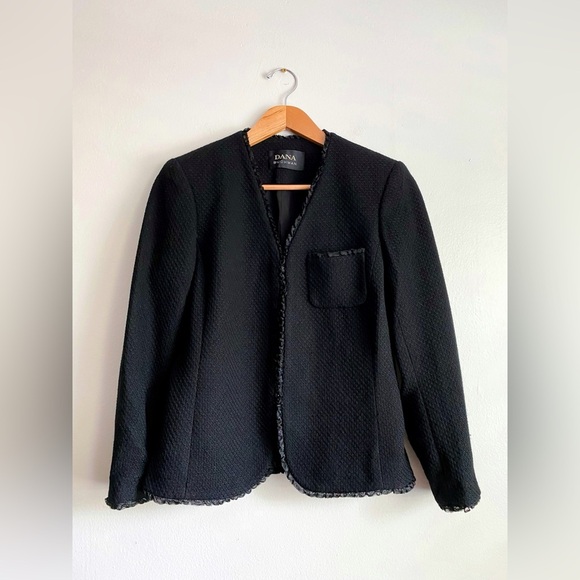 Dana Buchman Black Wool Tweed Blazer Collarless Jacket Career Formal Textured 4 - Picture 7 of 12